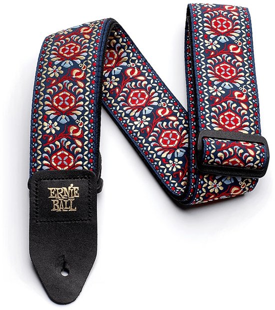 Gitaarband met een veelkleurig bloemenpatroon in rood, blauw, beige en wit. Zwarte leren uiteinden met 'Ernie Ball' logo.