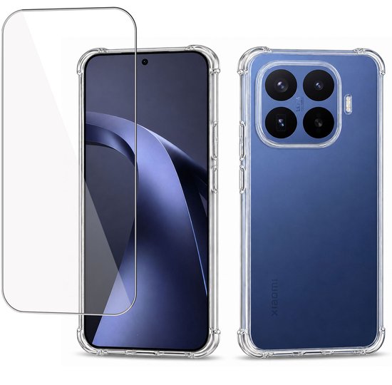 Coque de téléphone transparente et protection d'écran à côté d'un téléphone bleu.