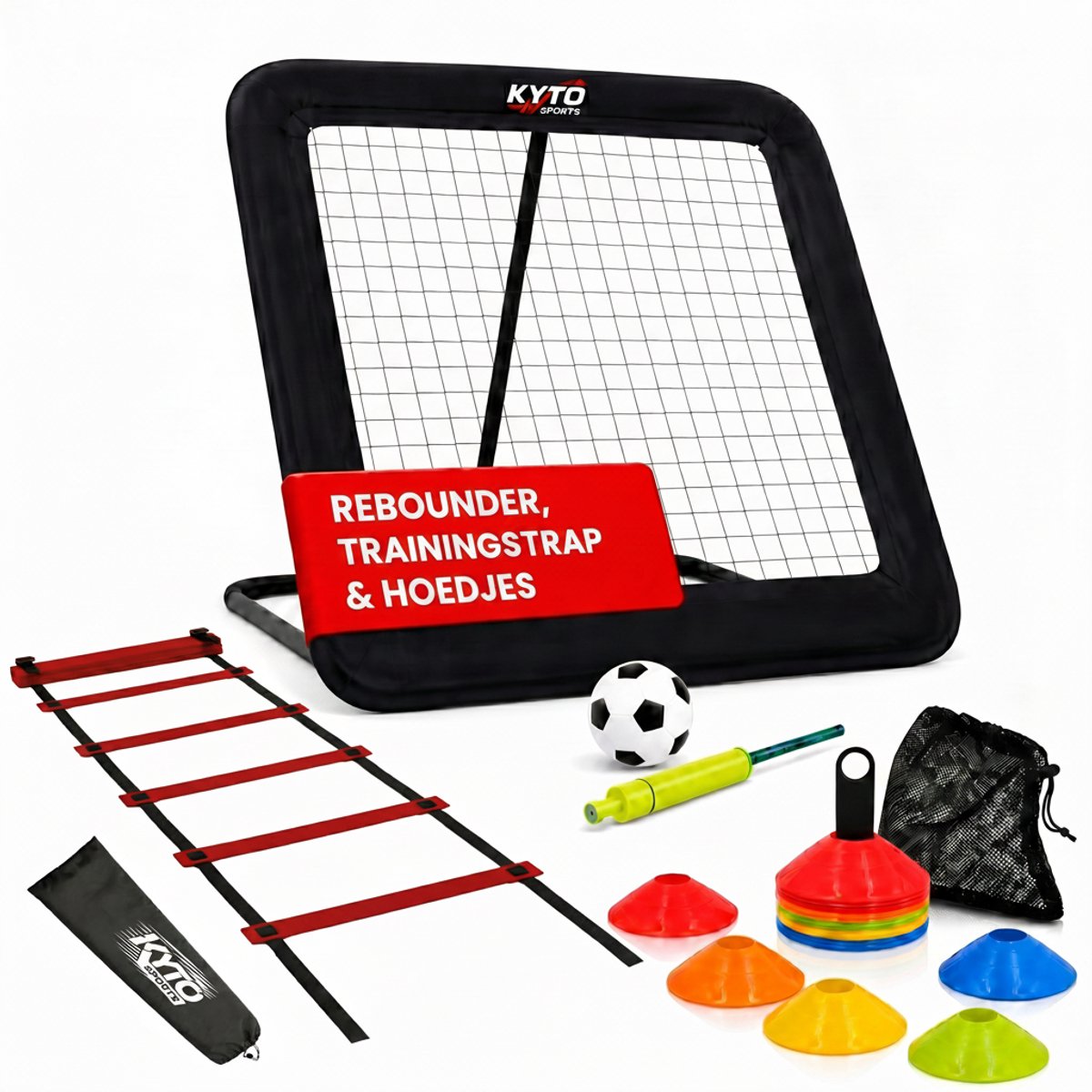 Kyto Sports Voetbal Trainingsset 3-delig – Rebounder 100x100 cm, 50 Markeerhoedjes & Coördinatieladder 6 m – Voor Voetbaltechniek, Agility, Snelheid, Footwork en Conditie