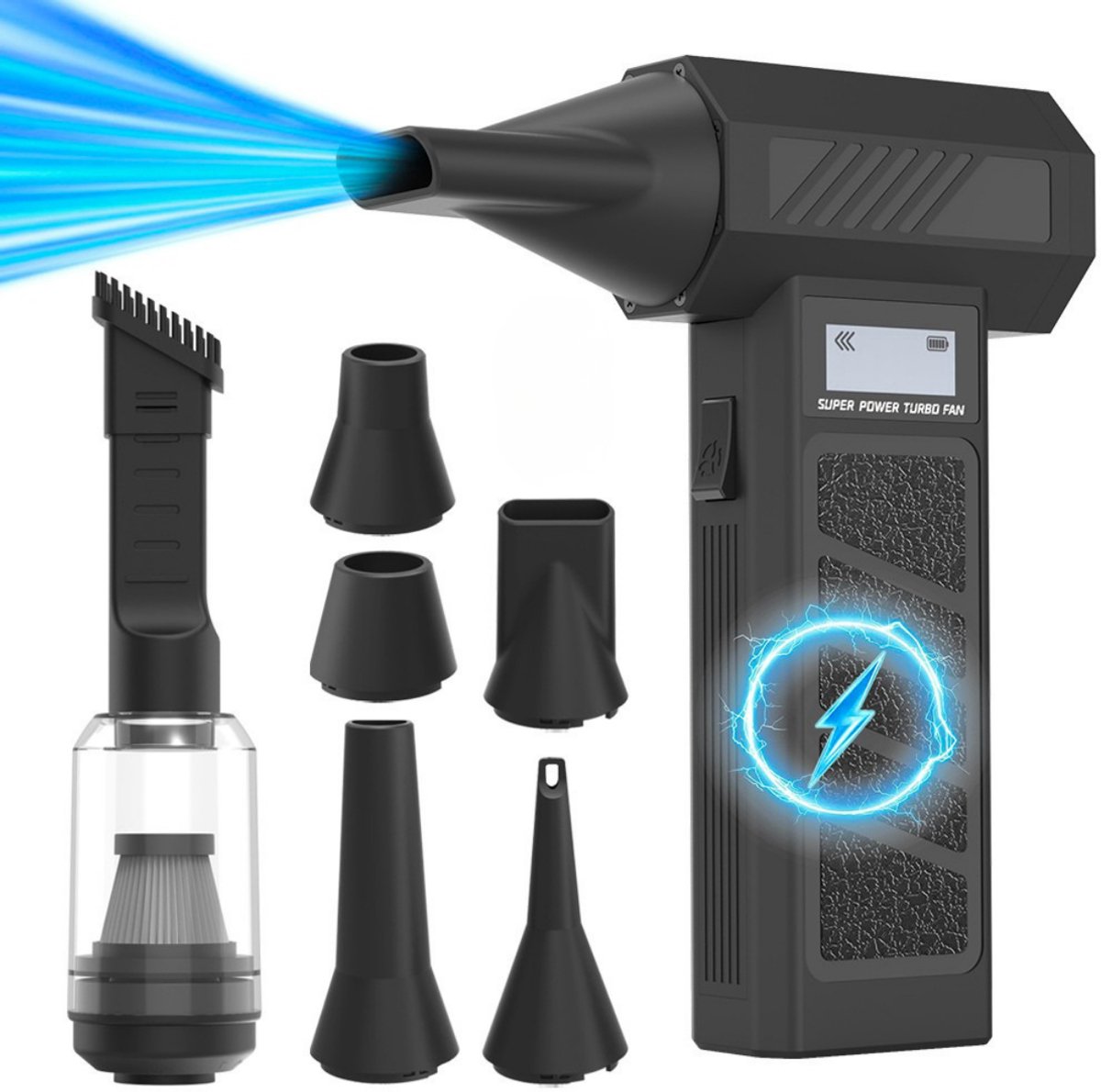 Delmark Turbo Fan - 130.000 RPM - Luchtpistool en stofzuiger in 1 - 300g stuwkracht - 5000mAh Accu - Draagbare Mini Air duster met LED & extra opzetstukken - Sterke autostofzuiger - Zwart