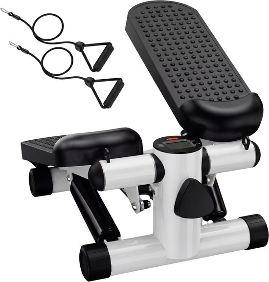 Compacte witte stepper met zwarte antislip pedalen, display en twee weerstandsbanden met handvatten.