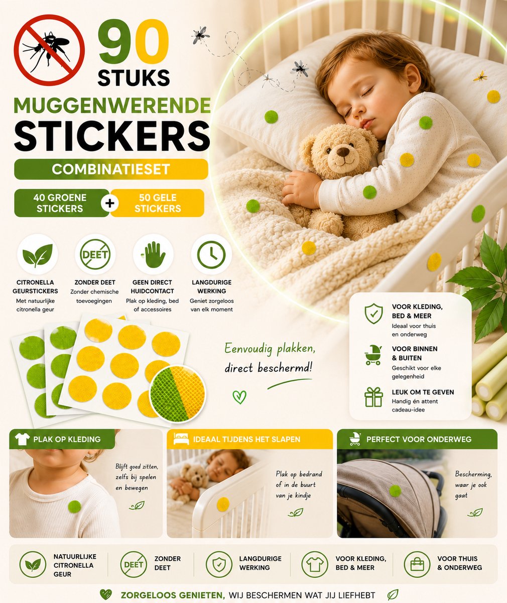JN® Muggenstickers Groen-Geel - Citronella Geurstickers - Volwassenen & Kinderen - Muggen & Insecten