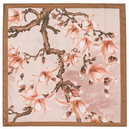 Vierkante zijden sjaal met bruine rand en roze magnoliabloesems.
