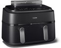 Zwarte Philips Airfryer 5000 Serie met dubbele mand en digitale bediening.