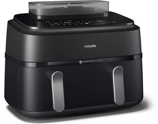 Zwarte Philips Airfryer 5000 Serie met dubbele mand en digitale bediening.