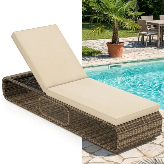 Transat - Jardin - Bain de soleil - Chaise longue - Lit de jardin - Résistant aux intempéries - Réglable - Extérieur - Pliable - Beige