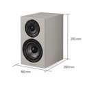 Grijze Wharfedale Diamond 12.0i speaker met afmetingen: 160mm breed, 265mm hoog, 200mm diep.