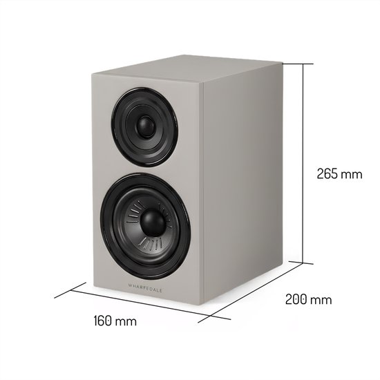Grijze Wharfedale Diamond 12.0i speaker met afmetingen: 160mm breed, 265mm hoog, 200mm diep.