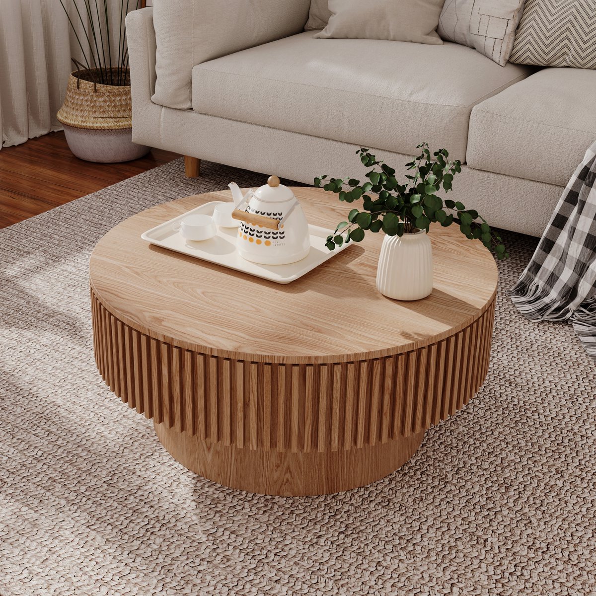 MIVRAY Salontafel - Ronde Tafel Met Verborgen Opbergruimte - Voor Woonkamer En Slaapkamer - Houtkleur MDF - 75 Cm