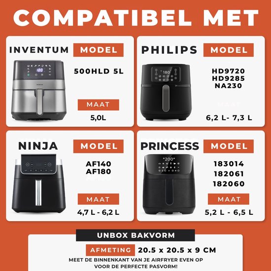Afbeelding met 4 airfryers: Inventum 5L, Philips 6,2-7,3L, Ninja 4,7-6,2L, Princess 5,2-6,5L.