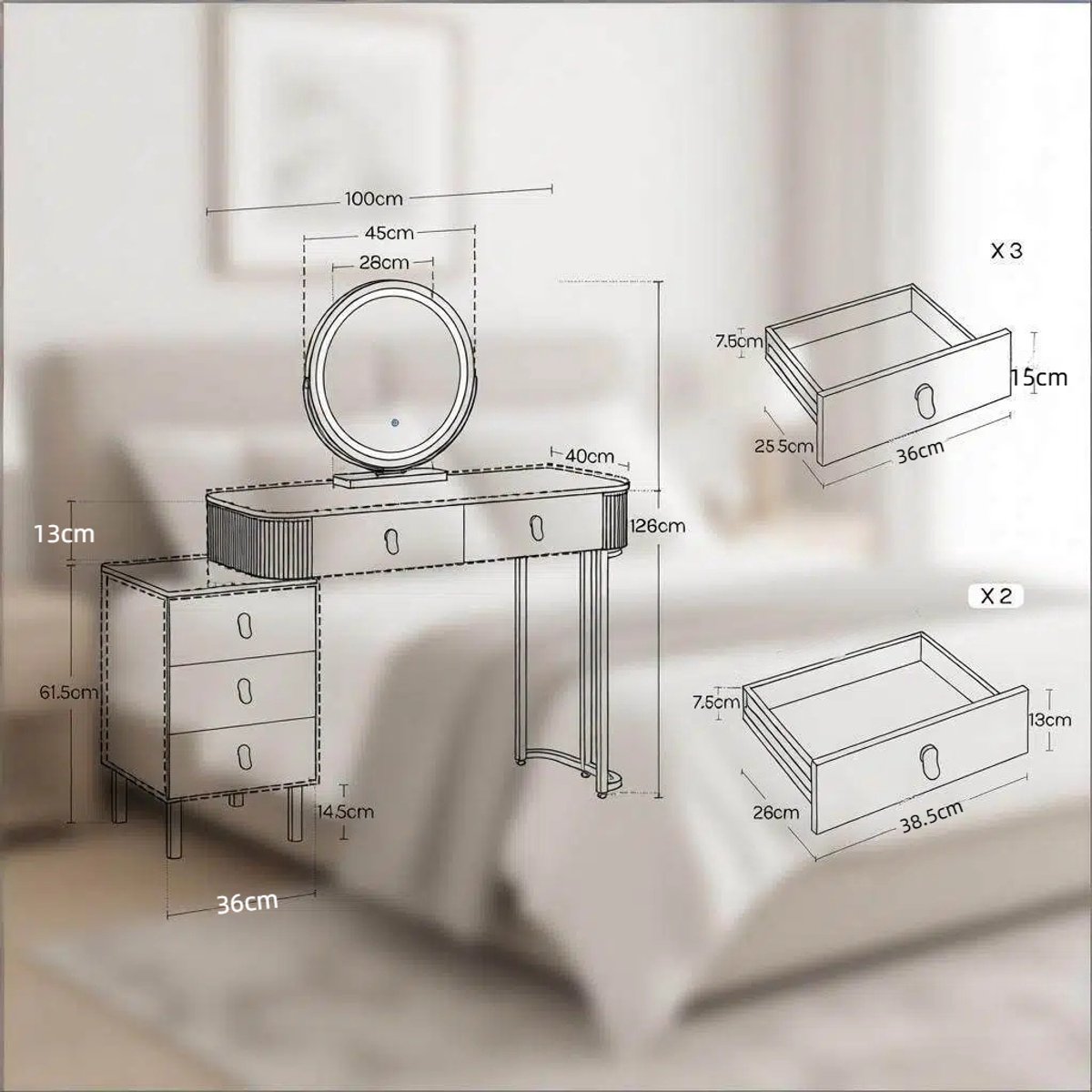OKWISH Kaptafel – Met Dimbare Led Spiegel – 100x40x125 cm – 5 Laden – Verstelbare Zijkast – Hoogglans Zwart Wit Zwart, Wit