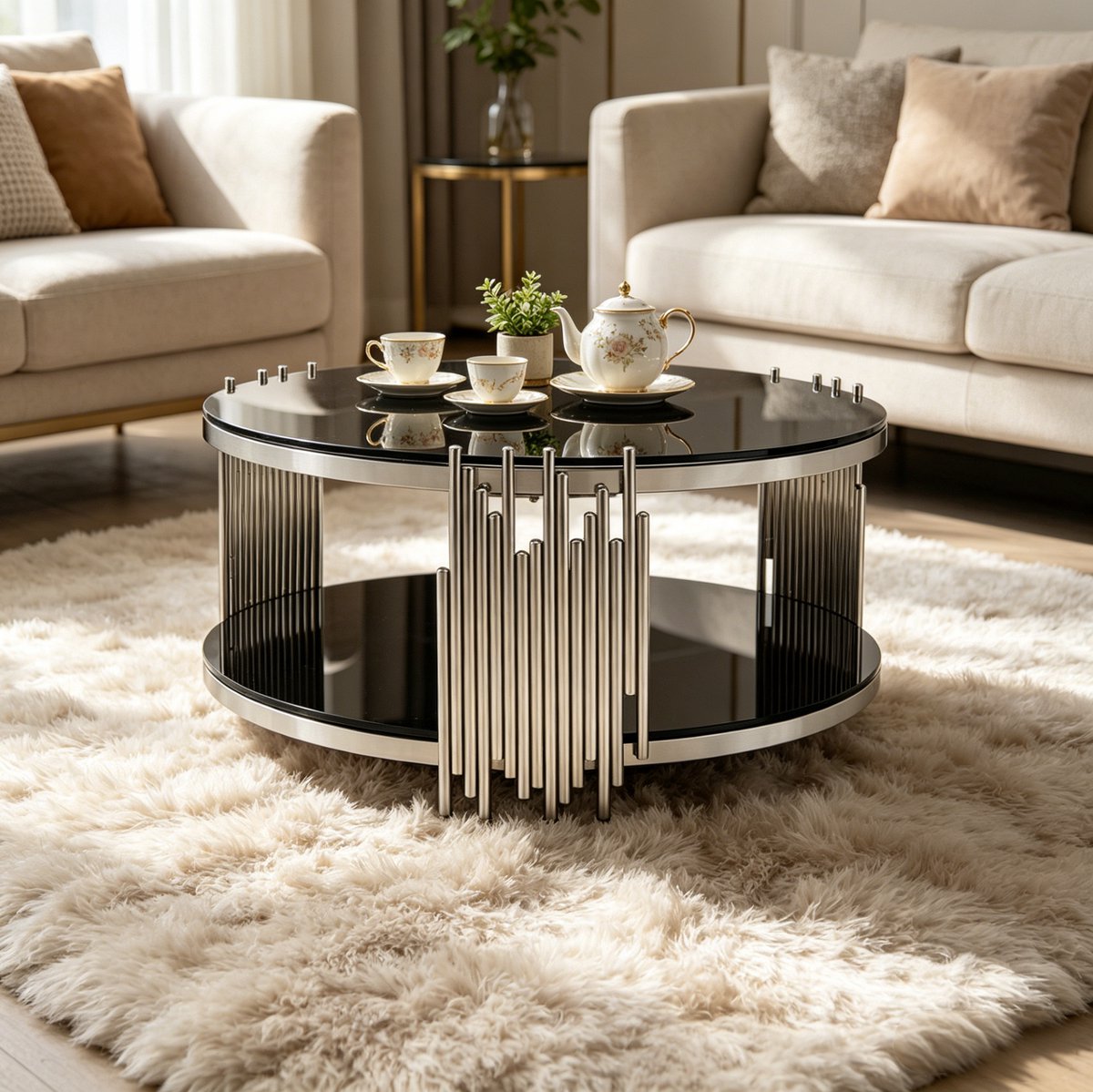 OKWISH Salontafel - Rond Met Dubbel Glazen Blad - Woonkamer En Kantoor - Gehard Glas En Rvs Zwart Zilver - 2 Niveaus Zwart En Zilver