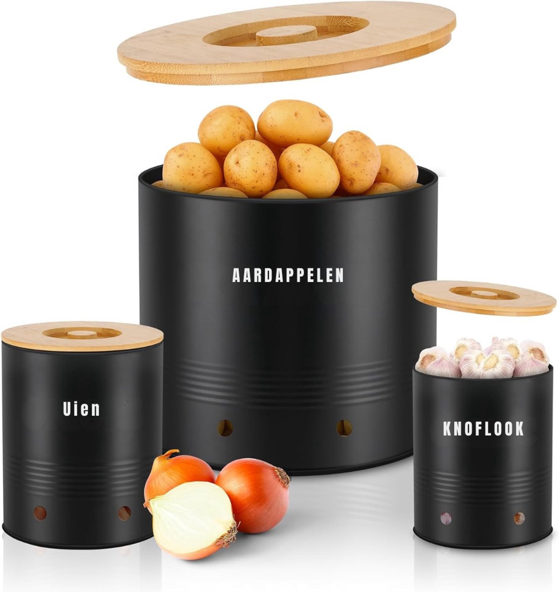 QIN® Aardappelbak - Aardappelpot - Bewaardoos - Set van 3 - met Duurzaam Bamboe Deksel - Zwart - 22cm x 22cm x 21cm