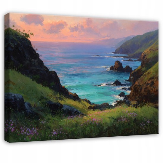 Peinture de paysage d'une baie océanique au coucher du soleil, avec des falaises vertes, de l'eau turquoise et des nuages roses.