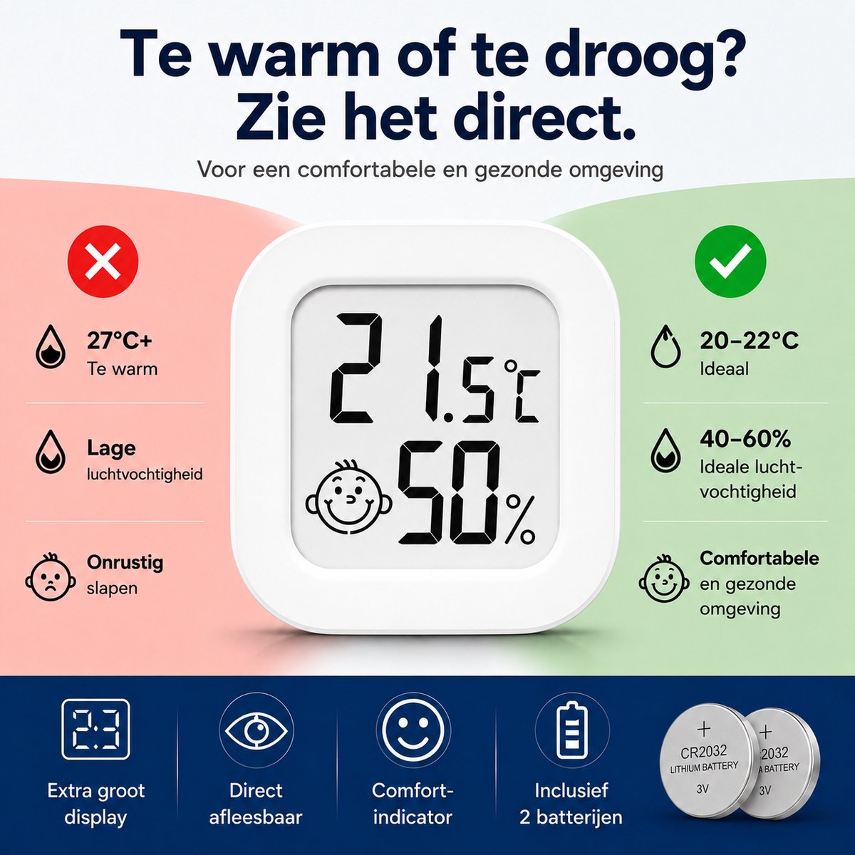 Joybelli® Digitale Hygrometer met Temperatuurmeter – Luchtvochtigheidsmeter voor Babykamer, Slaapkamer en Woonkamer – Inclusief 2 Batterijen — cadeau in Cadeau-ideeën - foto 2