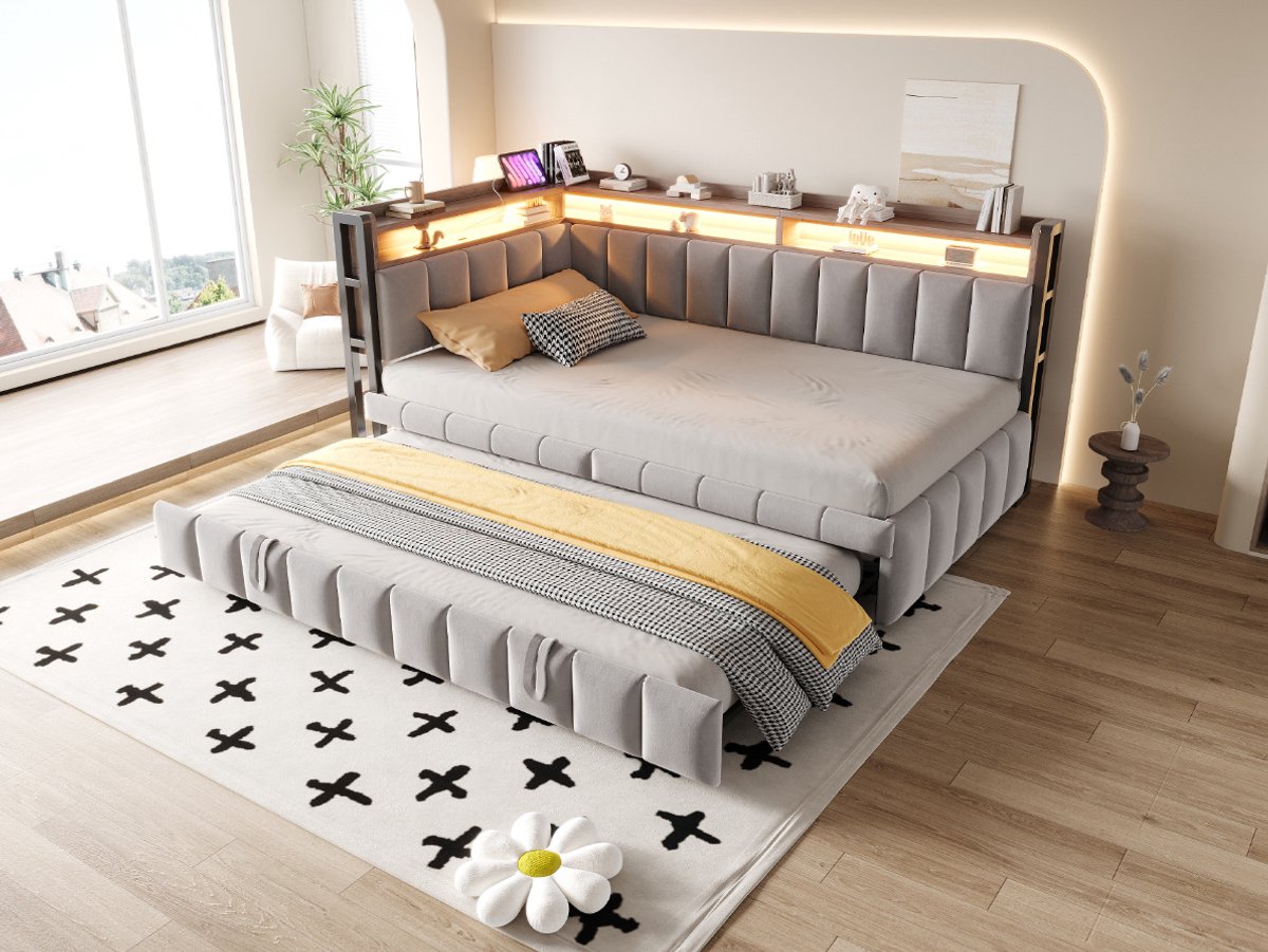 COVREO Bed 90x200 cm lichtgrijs met LED, USB en lades zonder matras