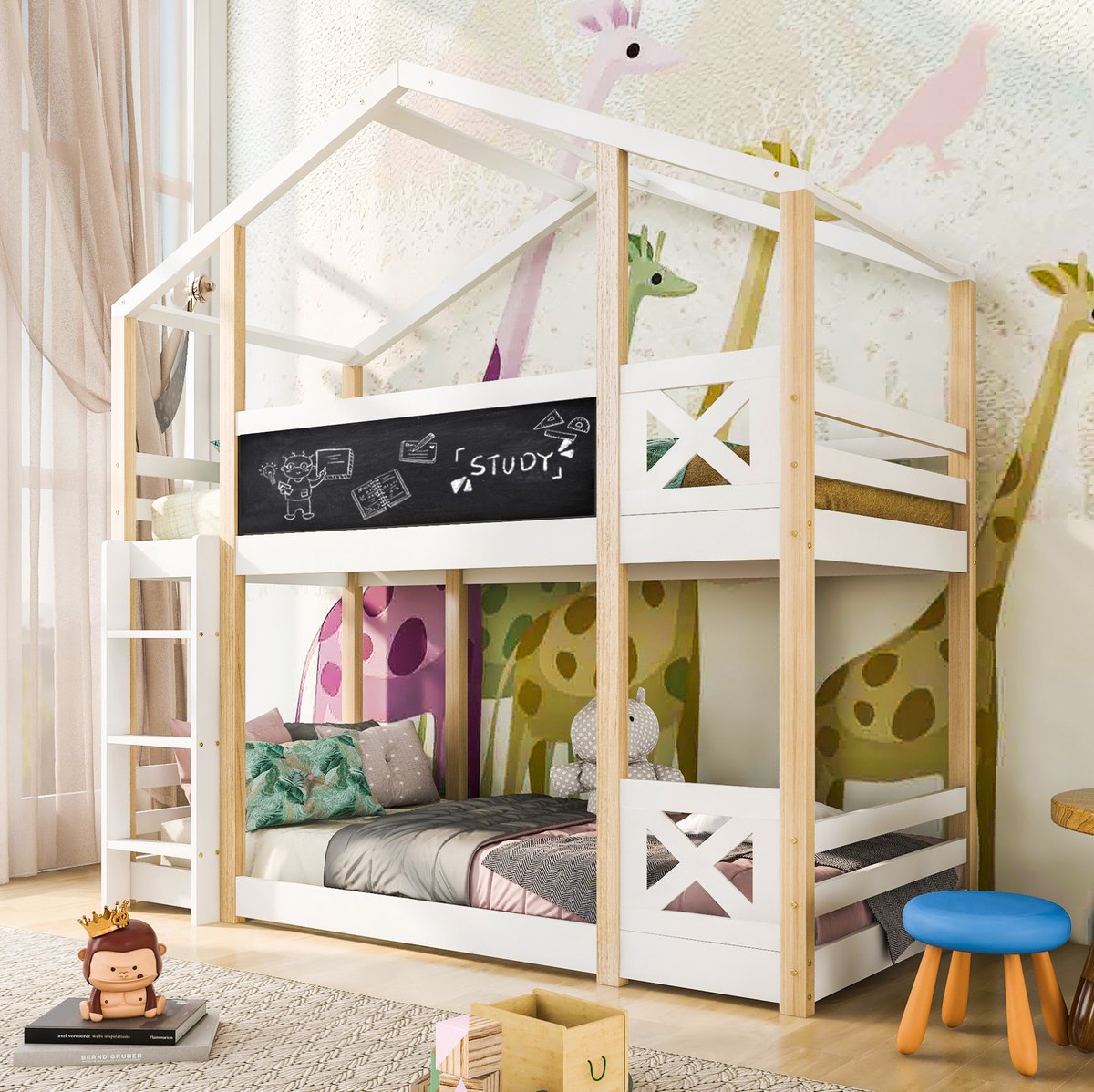 Kinderboomhutbed met ladder 90 x 200 cm, kinderhoogslaper – 2 lattenbodems – naturel en wit