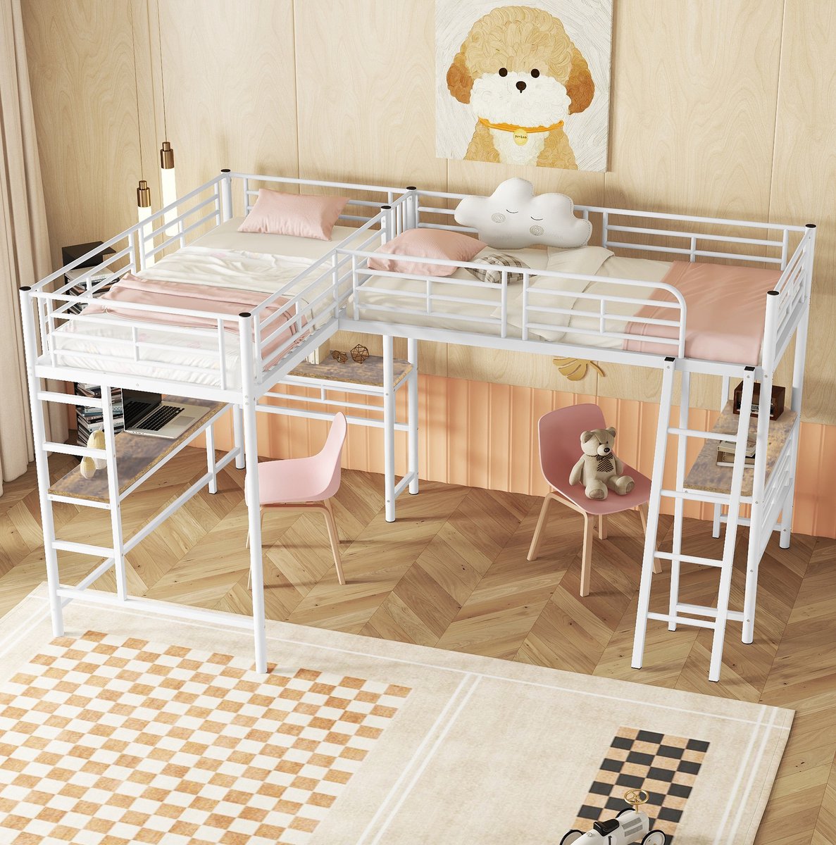 COVREO Hoogslaper 90x200 cm wit, met bureau, metaal en MDF voor kinderkamer