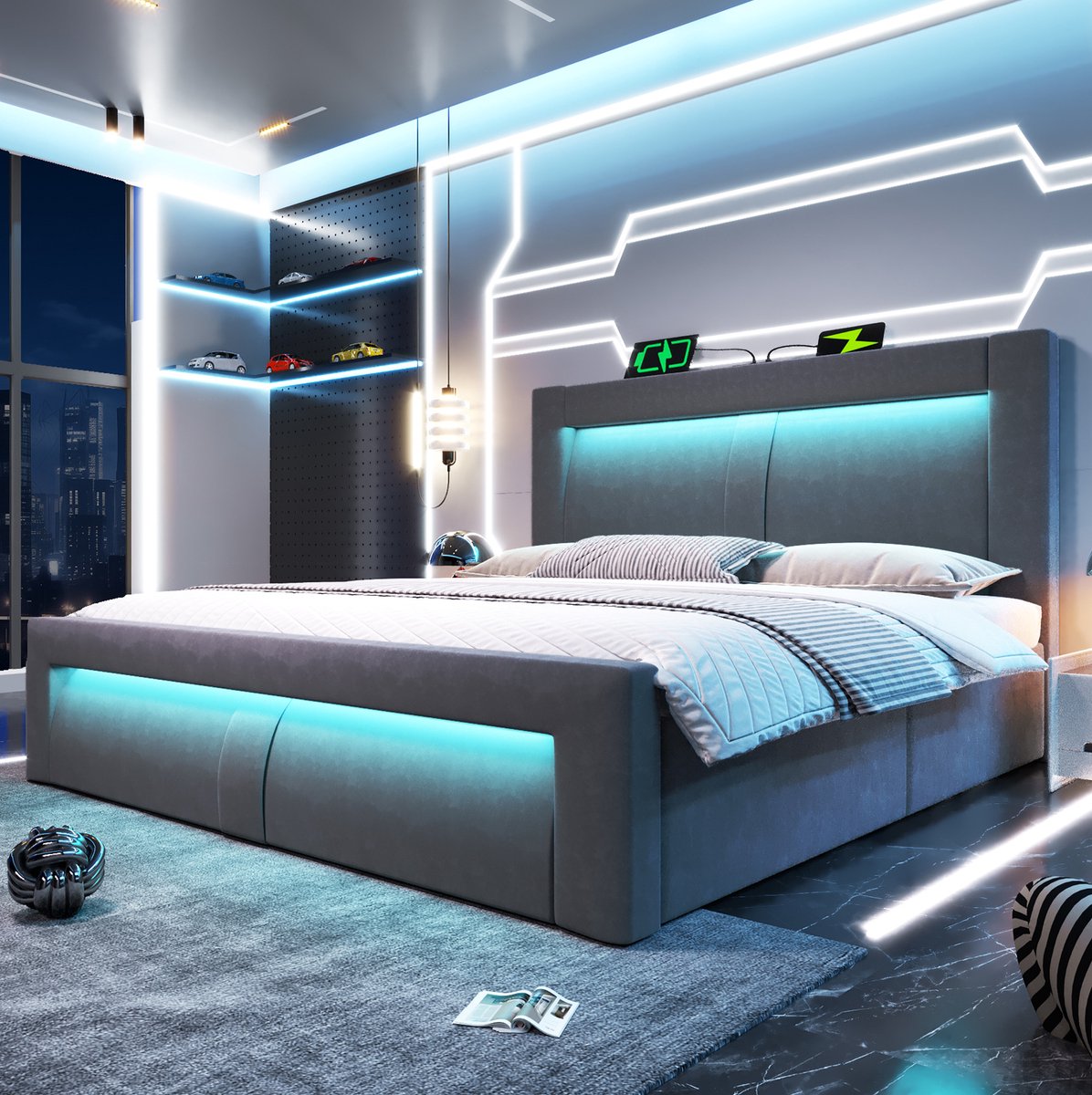 COVREO Tweepersoonsbed, 140x200 cm, met opbergruimte, hydraulisch bedframe, ledverlichting die via een app te bedienen is, voorzien van USB- en Type-C-oplaadpoorten, fluwelen bekleding, gebogen hoofdeinde, grijs, matras niet inbegrepen. Gray