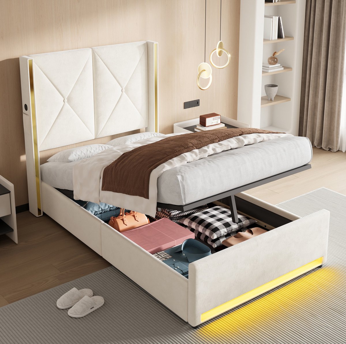 COVREO Veloursbed met hoog hoofdbord en LED-verlichting – 100x213x141 cm – Stauraumbed met USB en type-C – voor volwassenen – Beige - zonder matras