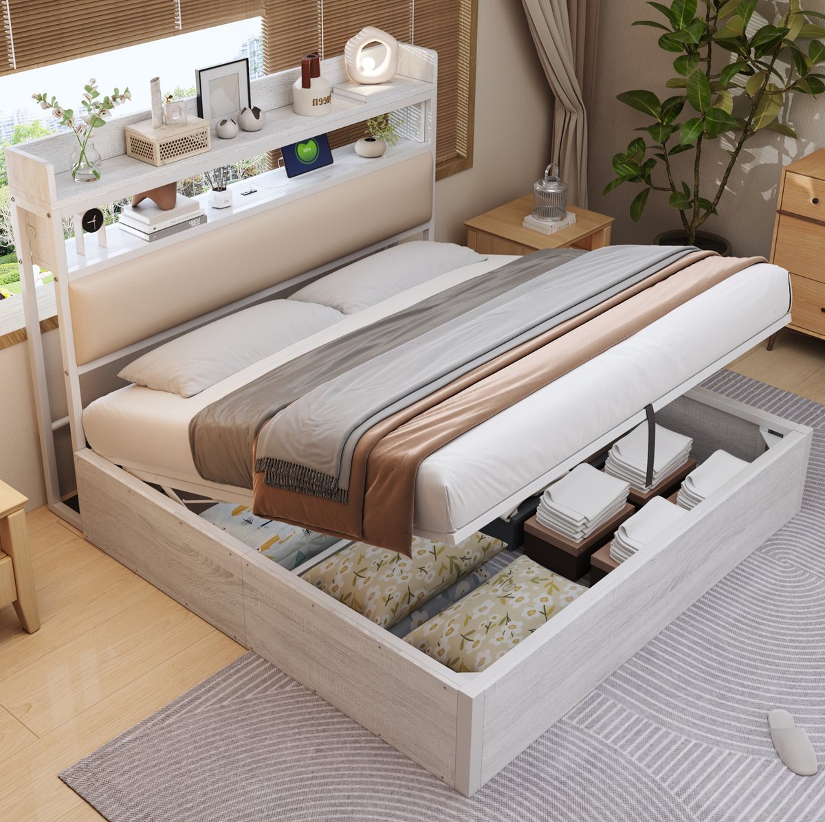 COVREO Bedframe 180x200 cm wit, met USB en opbergruimte, zonder matras