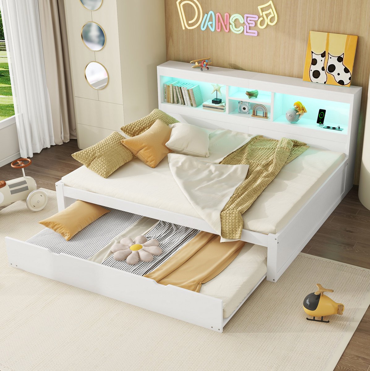 Slaapbank, 140*200 cm, met ledverlichting, opbergvakken naast het bed, uitschuifbaar bed, stopcontact + USB-poort, matras niet inbegrepen, wit.