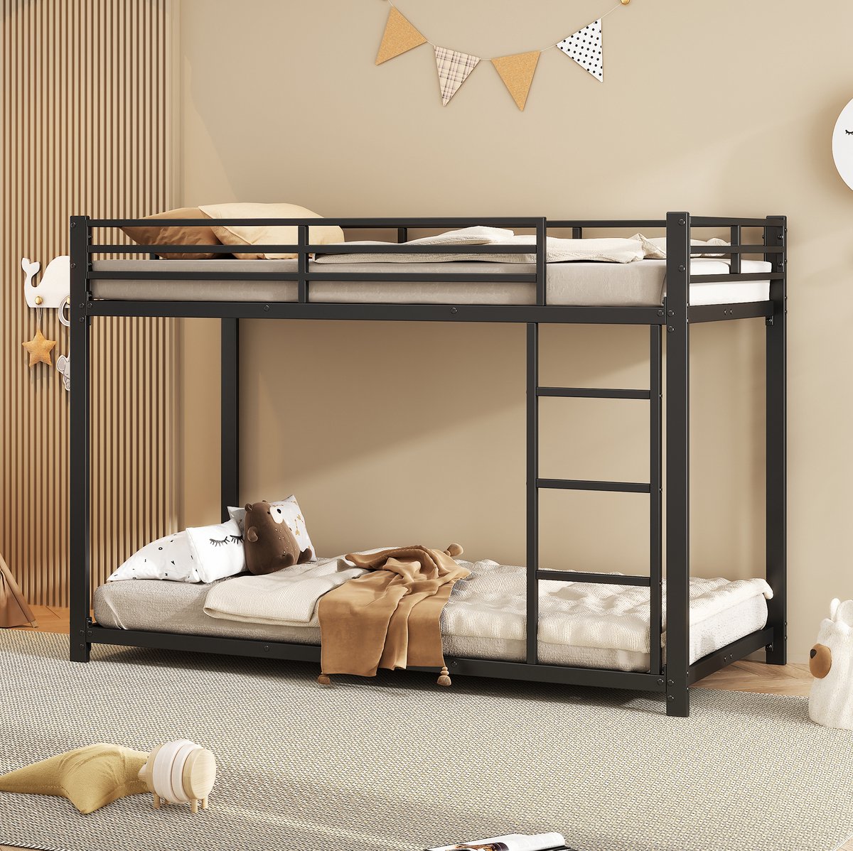 COVREO Stapelbed 203x94,5x140 cm zwart metaal, 90x200 cm kinderbed met ladder