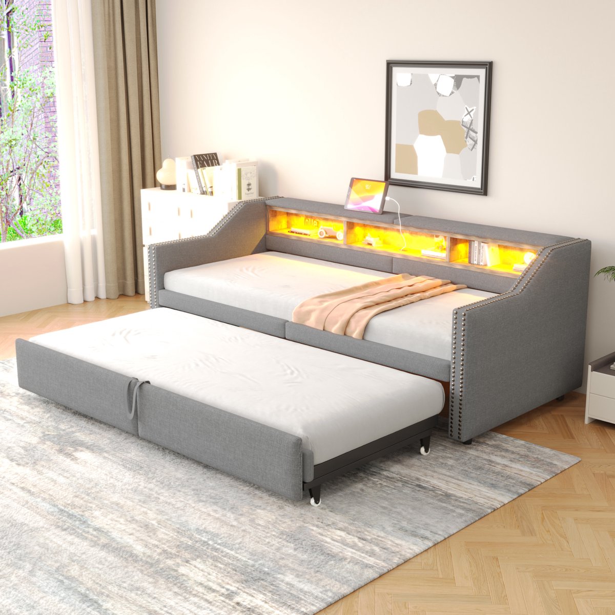 COVREO Bed 90/180x200 cm lichtgrijs met USB en LED zonder matras