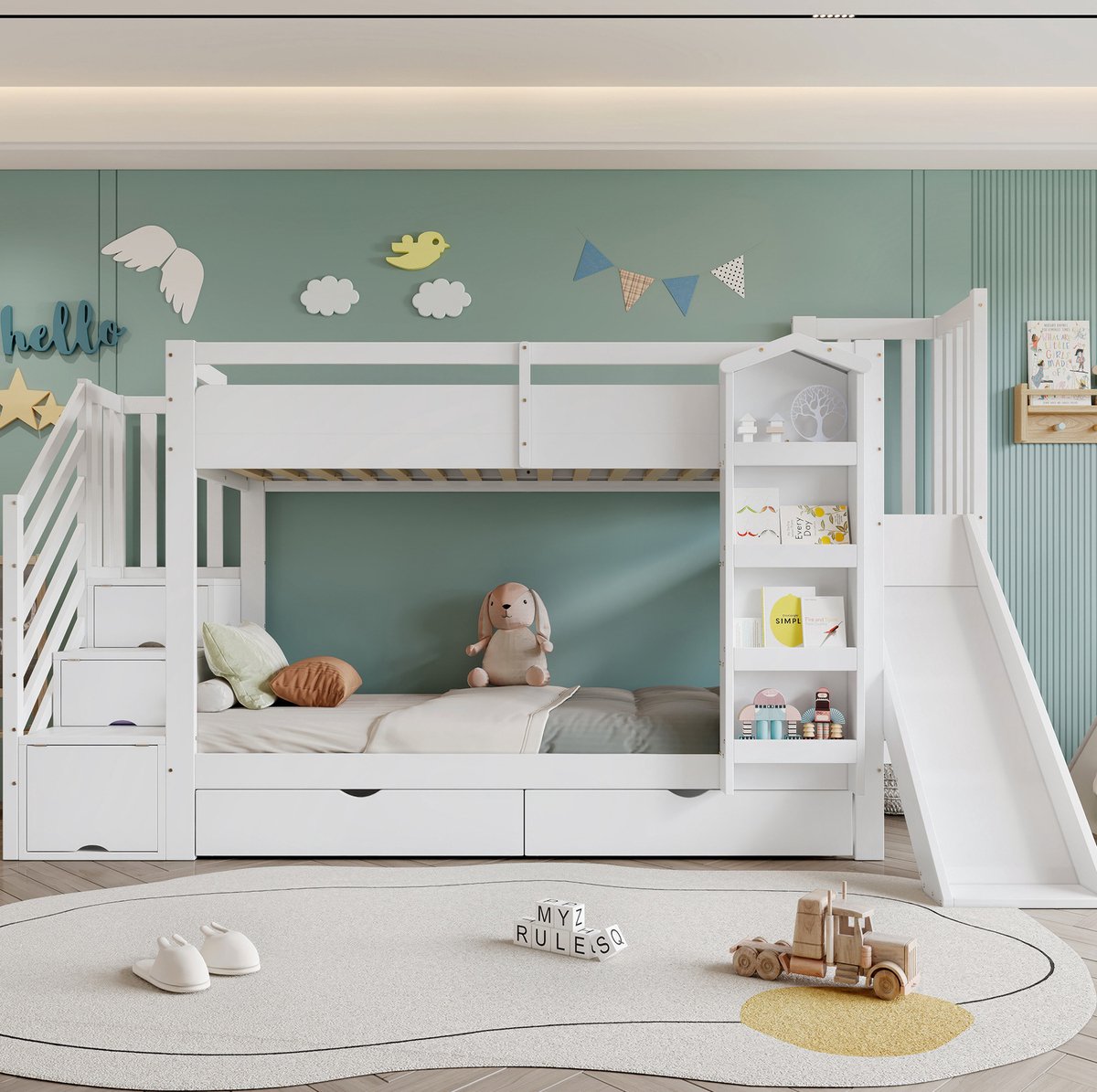 COVREO Kinder stapelbed met glijbaan – 295x148x164 cm – Wit bed met boekenrek en 2 lades – met opbergtreden – zonder matras