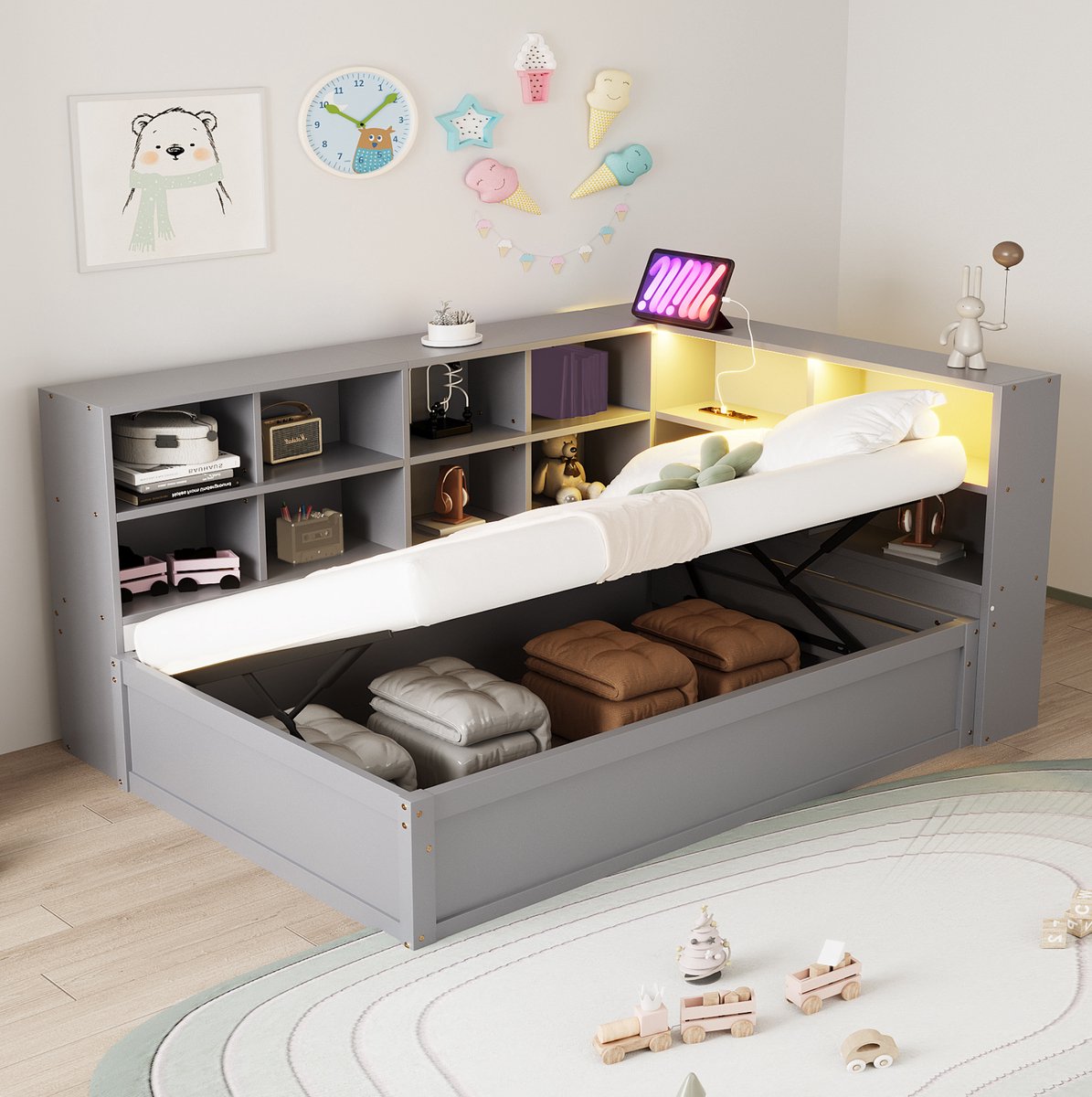COVREO Bedframe 90x200 cm grijs, met opbergruimte en LED, zonder matras