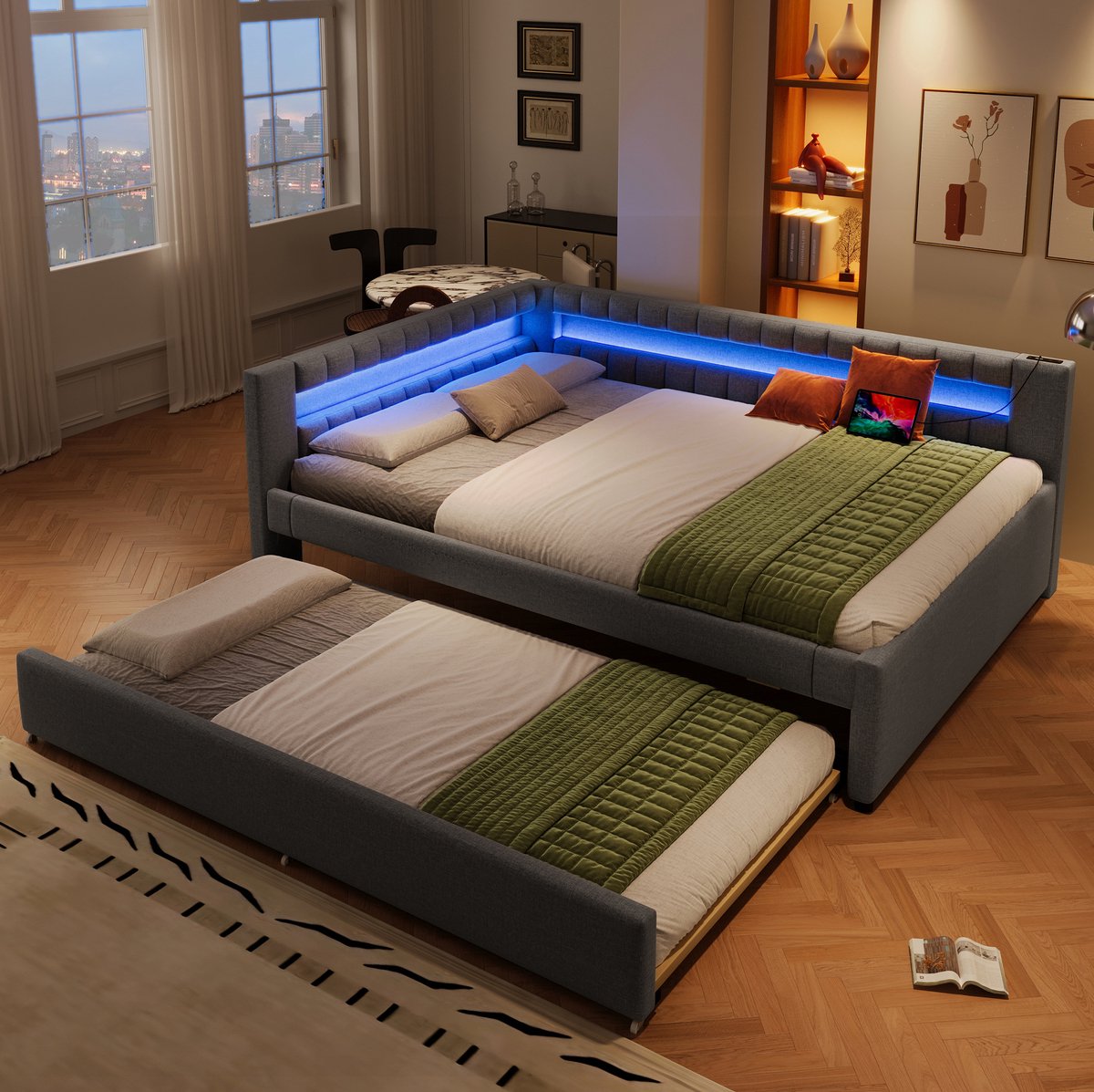 COVREO Daybed met uitrolbed en LED-lichtstrip – 140x200 cm – Slaapbank van linnen en MDF – voor woonkamer, slaapkamer en werkkamer – Grijs - zonder matras