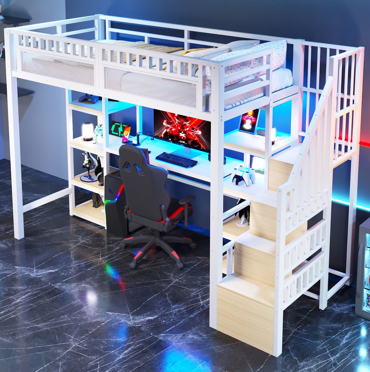 COVREO Hoogslaper 90 x 200 cm - met bureau, opbergruimte, LED-lichtstrip, USB en MDF, wit