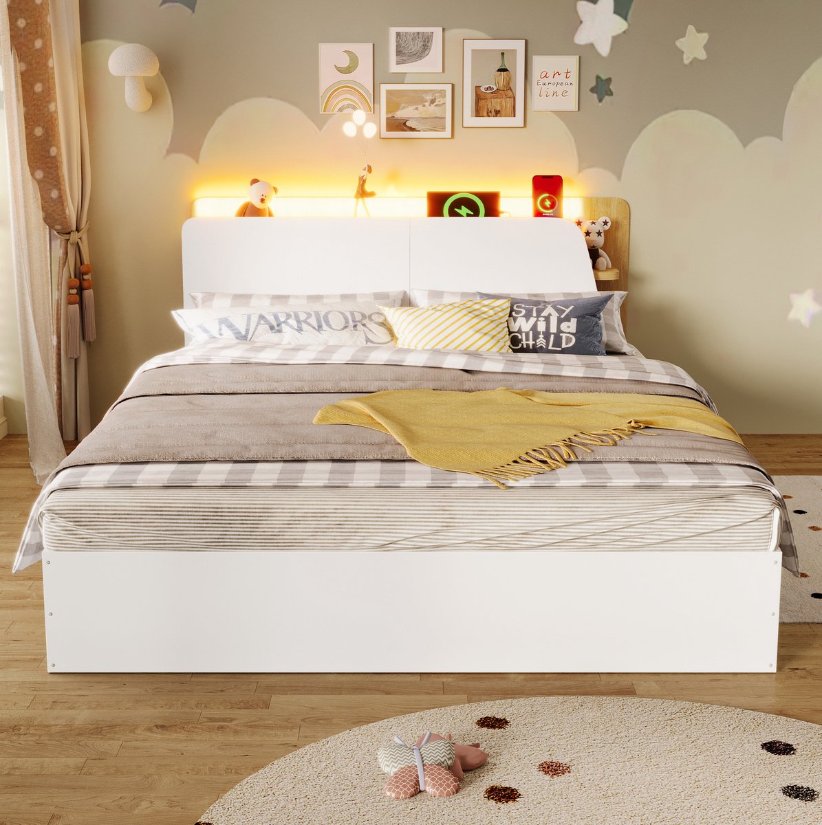 COVREO Bed 140x200 cm - hydraulische opbergruimte, LED-verlichting, USB-C, wit/naturel