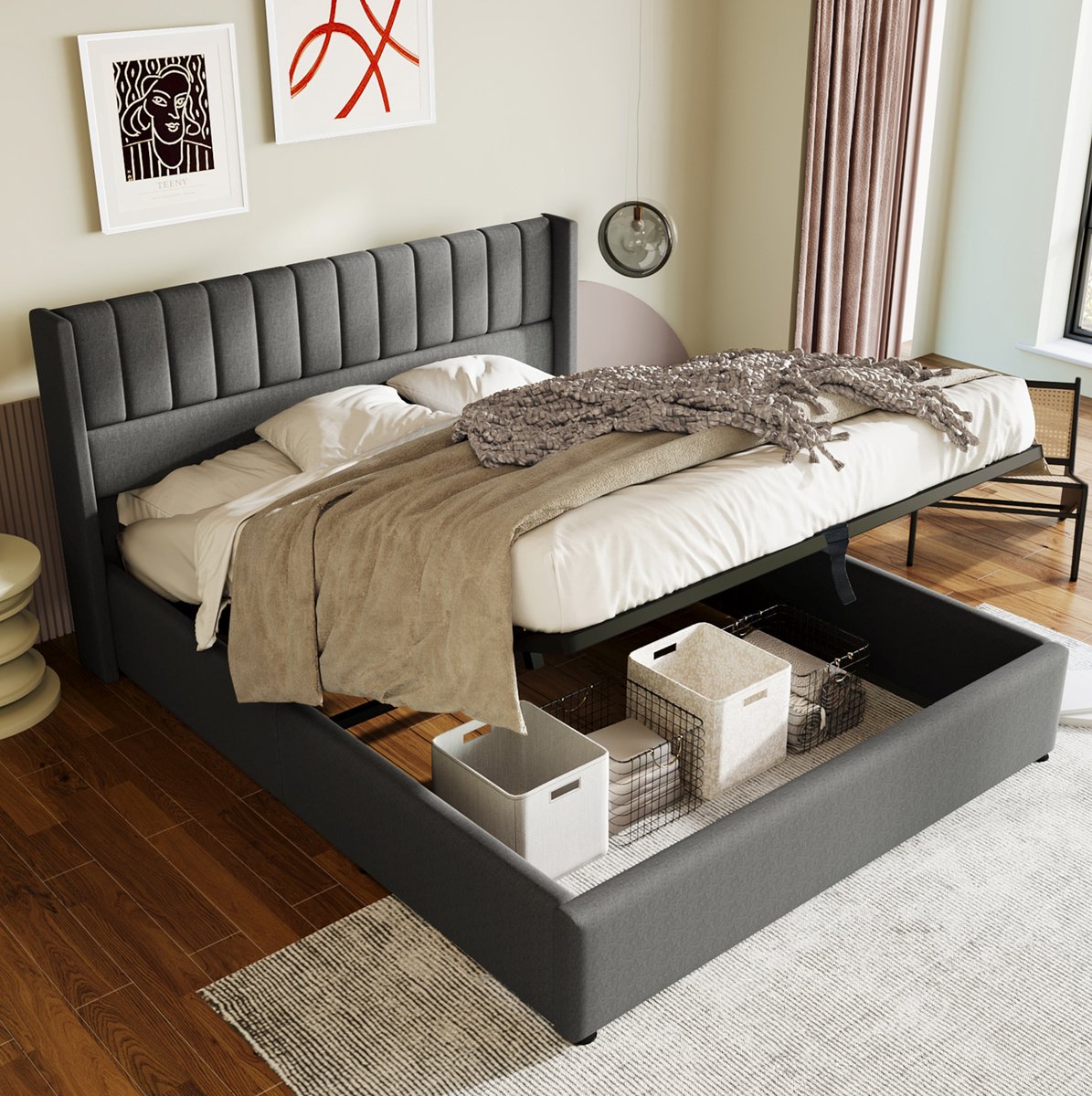 COVREO Opbergbed 140x200 cm - hydraulisch bed met gestoffeerd hoofdbord, grijs