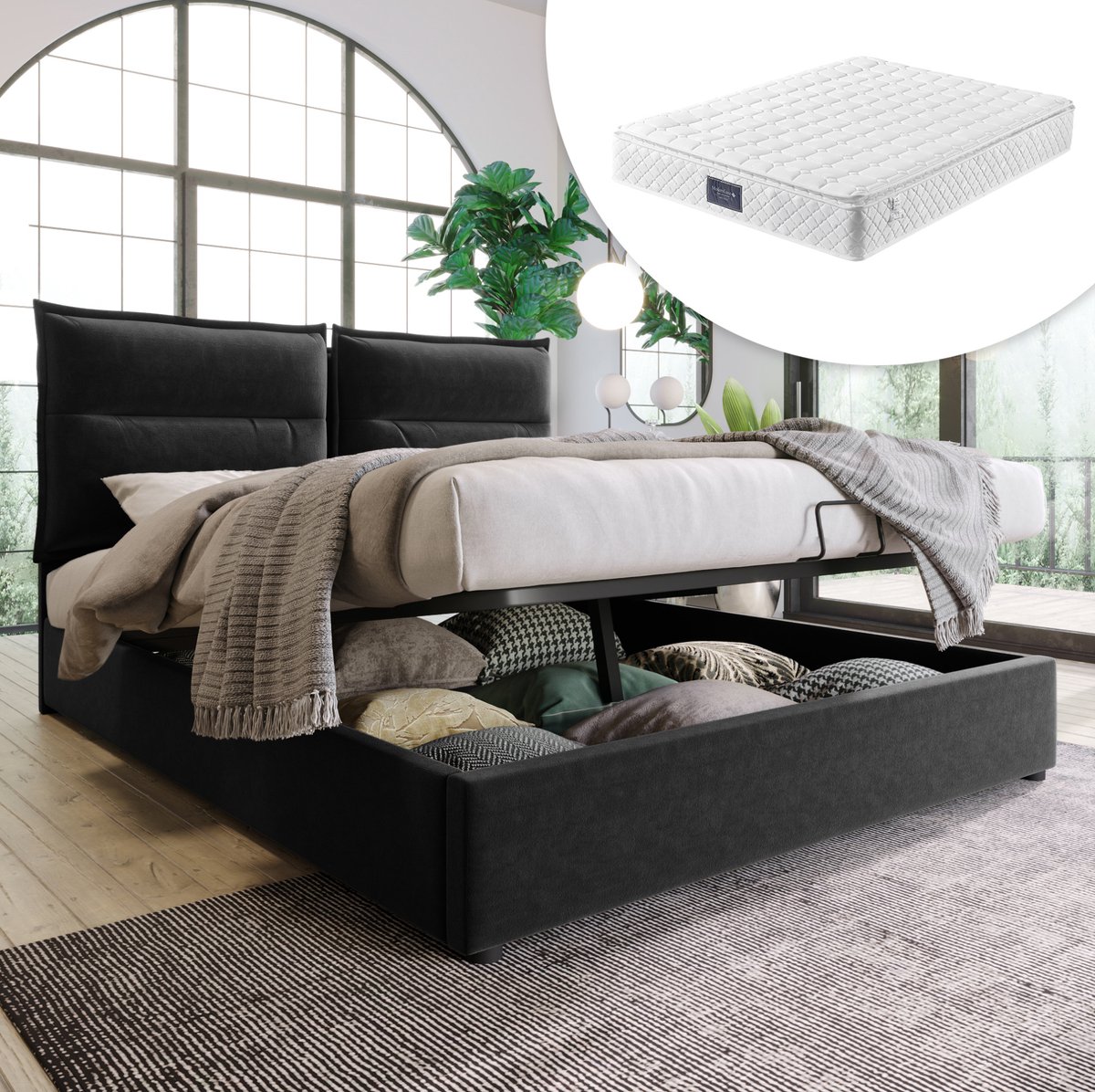 Hydraulisch tweepersoonsmatras, 140x200cm, verstelbaar hoofdeinde, metalen frame met lattenbodem, fluwelen bekleding, modern frame met opbergruimte, grote opbergcapaciteit, zwart (matras inbegrepen).