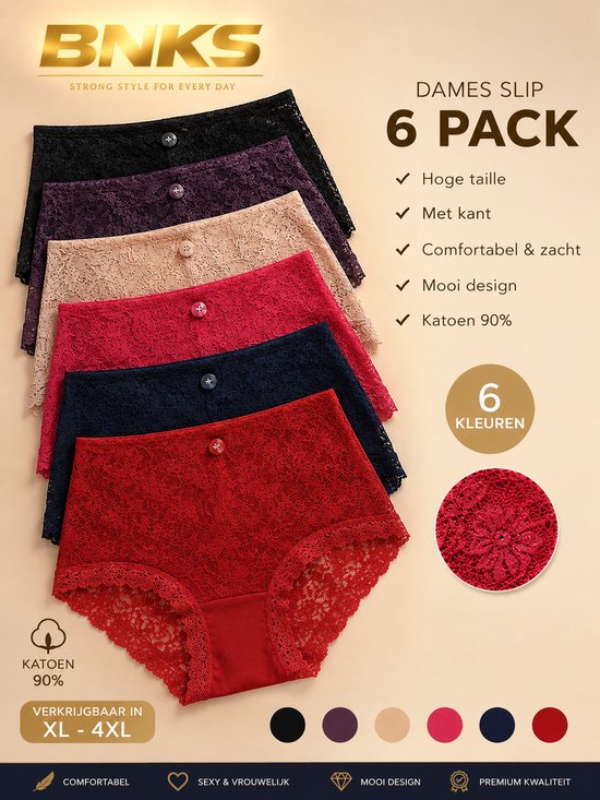 Een set van zes dames slips in de kleuren zwart, beige, bordeaux, rood, donkerblauw, en rood, met kanten afwerking en hoge taille.