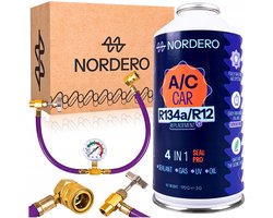 Nordero SealPro - Airco Bijvullen Auto - 4-in-1 Formule met Dichtmiddel - R134a Vervanger - Inclusief Manometerslang