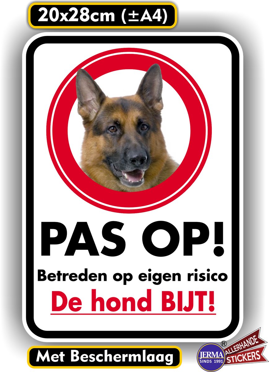 Jerma - Pas op voor de Hond – Sticker - 20 x 28 cm - Weerbestendig - Duurzaam - Zelfklevend