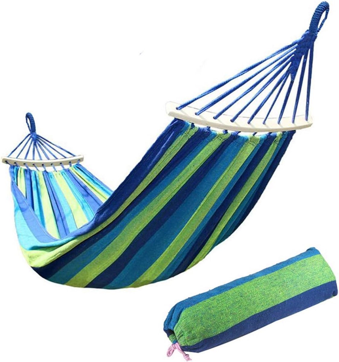Tuinhangmat - Hangmat Buiten - Tuin Ontspanning - Met Houten Spreidstokken - 200x100 cm - Gestreept Blauw