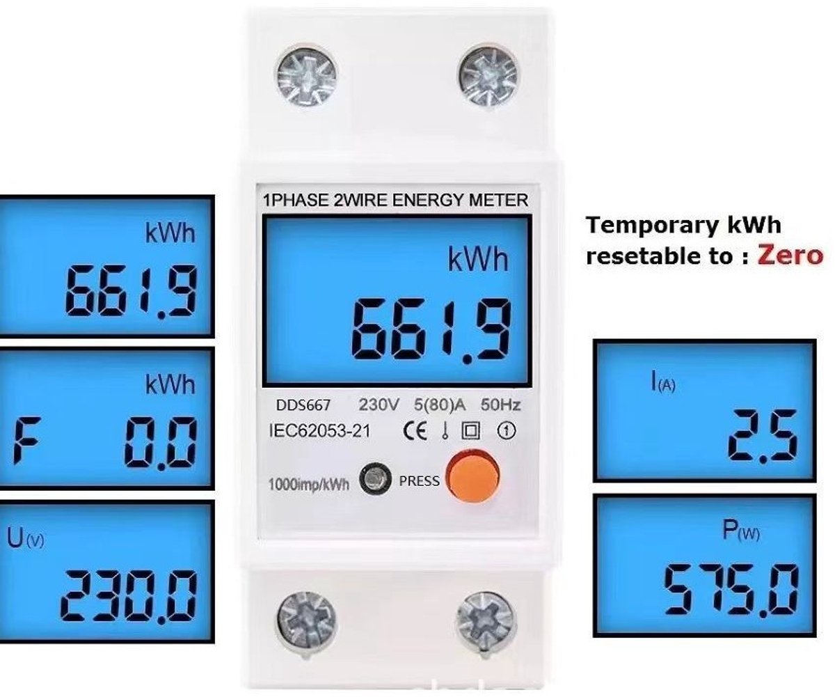 Eenfasige 45A tussenmeter – MID-gecertificeerd – LCD-display – Realtime energieverbruiksmonitoring – Modulaire installatie