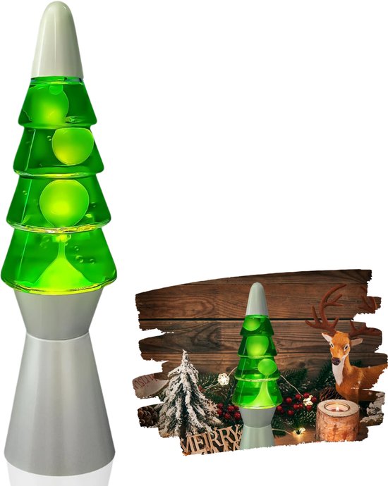 Groene kerstboom lavalamp met bubbels, naast kerstdecoratie en rendier.