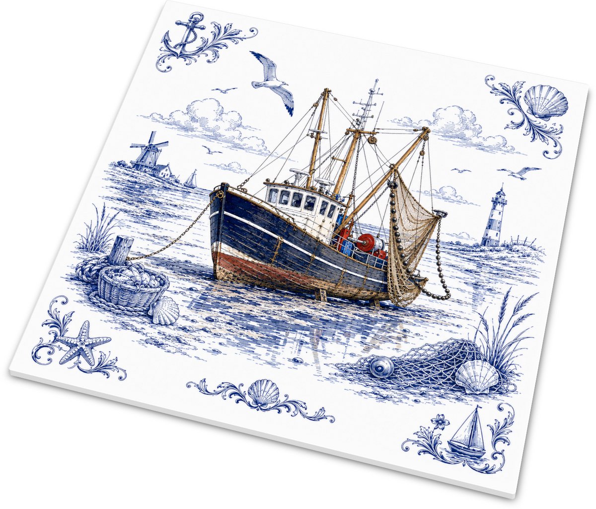 Wandtegeltje Traditionele Vissersboot met Visnetten op Zee - Klassiek Delfts Blauw Maritie