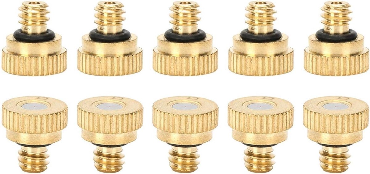 10 Stuks Messing Misting Nozzles voor Buiten, 0.2mm Tapwater Spuitkop, Lage Druk Misting Systeem, Verkoeling en Besproeiing