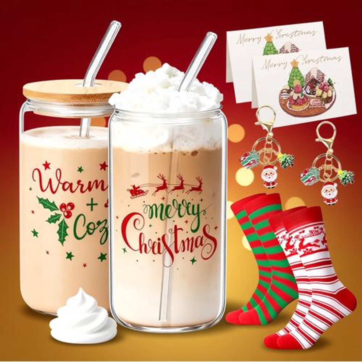 Kerstglazen 500 ml – set van 2 drinkglazen met deksel, rietje en accessoires – voor koffie, thee en bubble tea