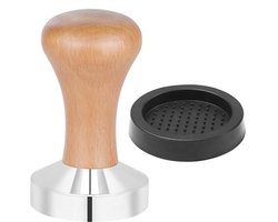Koffietamper 51 mm - Espresso Tamper met Houten Handvat en Siliconen Mat, RVS, Barista Koffiestempel