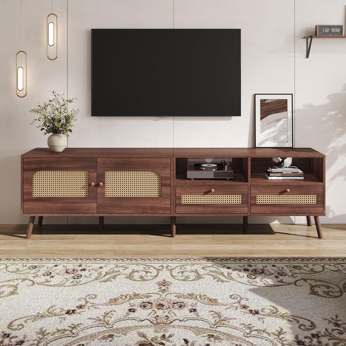 TV-meubel 200 cm – Lowboard voor TV tot 80 inch – 200x37x49,5 cm – Retro TV Kast met Rotan Deuren, 2 Lades & 2 Deuren – Donkerbruin Houtlook – Mobili Bella