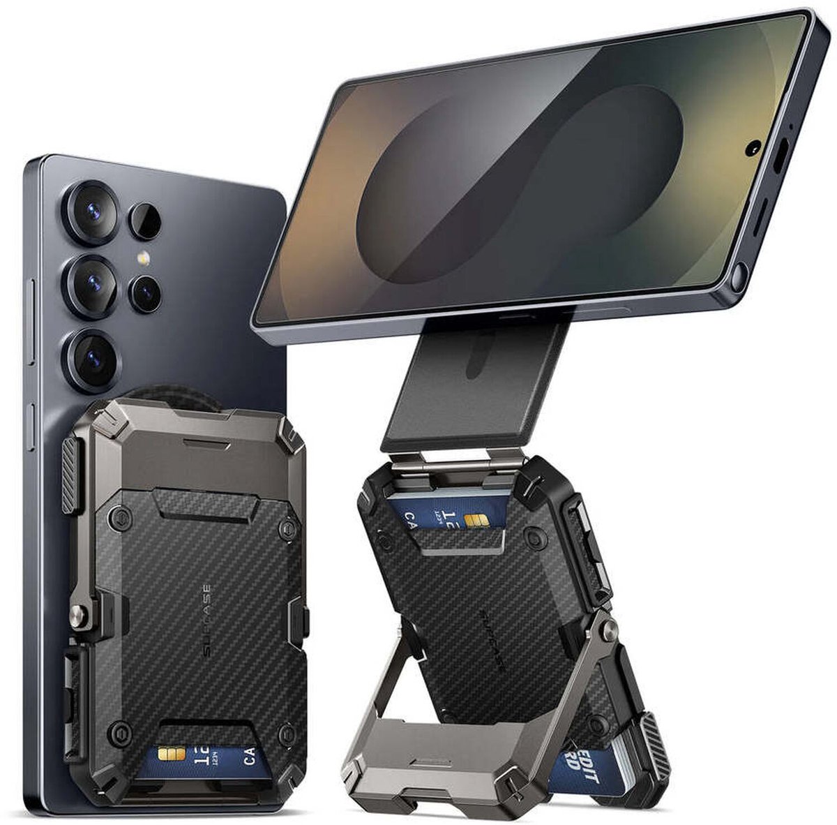 SUPCASE MagFlip Magnetic Wallet Stand | Geschikt voor Samsung Galaxy en Google Pixel Telefoon | Magnetische Pasjeshouder | Compatibel met MagSafe | Portemonnee voor 5 Pasjes | Standaard | Carbon Zwart