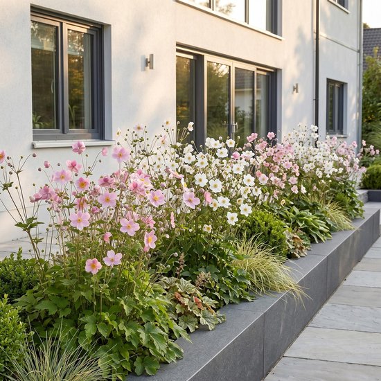 Een modern vormgegeven tuin met bloeiende roze en witte herfstanemonen in een verhoogde border.
