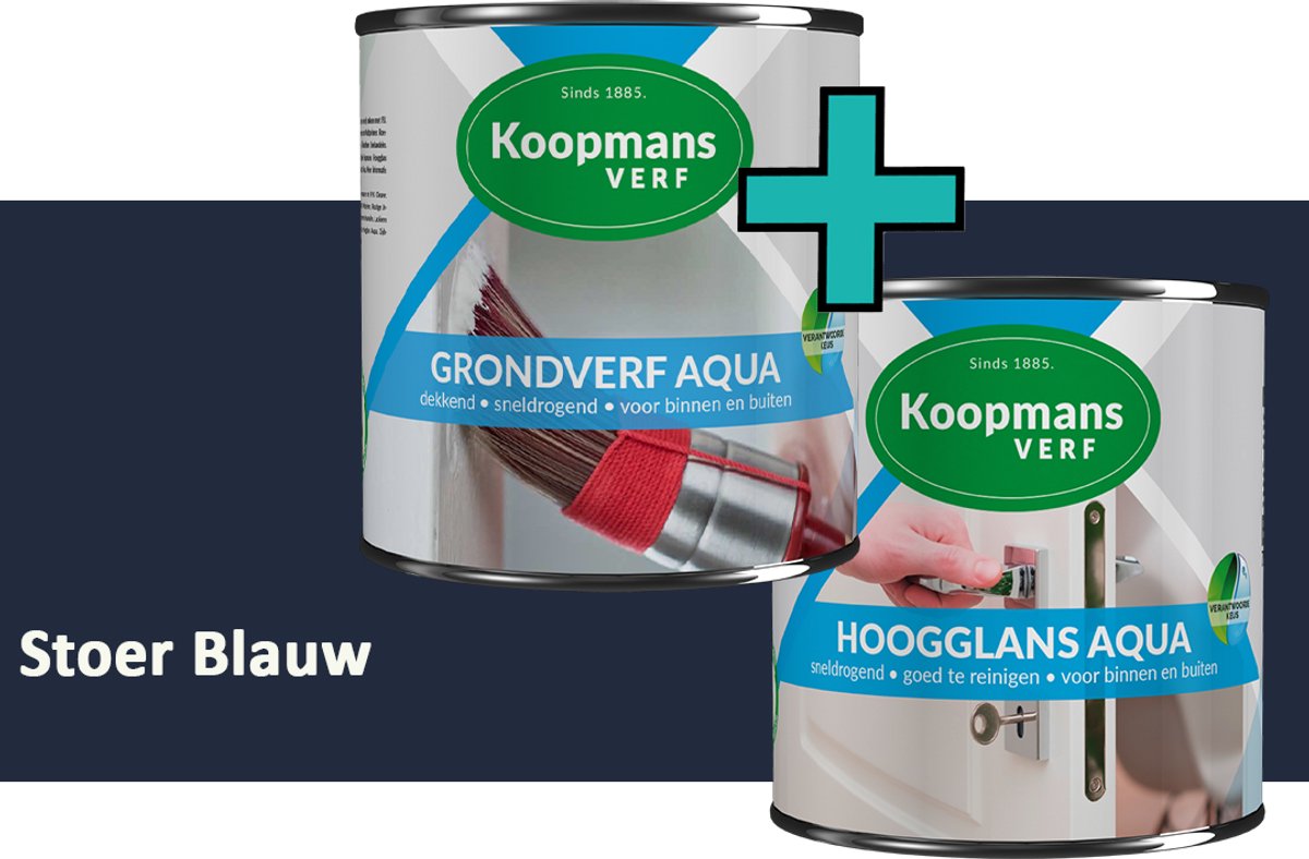 Koopmans Grondverf Aqua en Hoogglans Aqua Verfset - Binnen en Buiten - Stoer Blauw - 2x 2,5 l