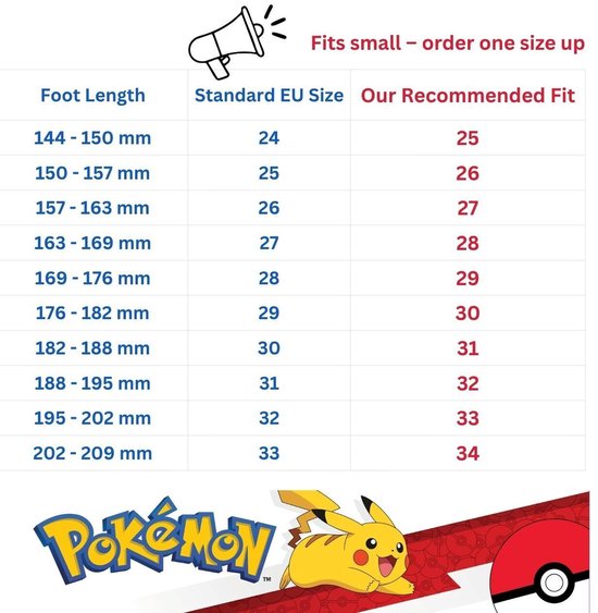 Maattabel voor schoenen met 'Fits small - order one size up' en 'Pokémon' logo